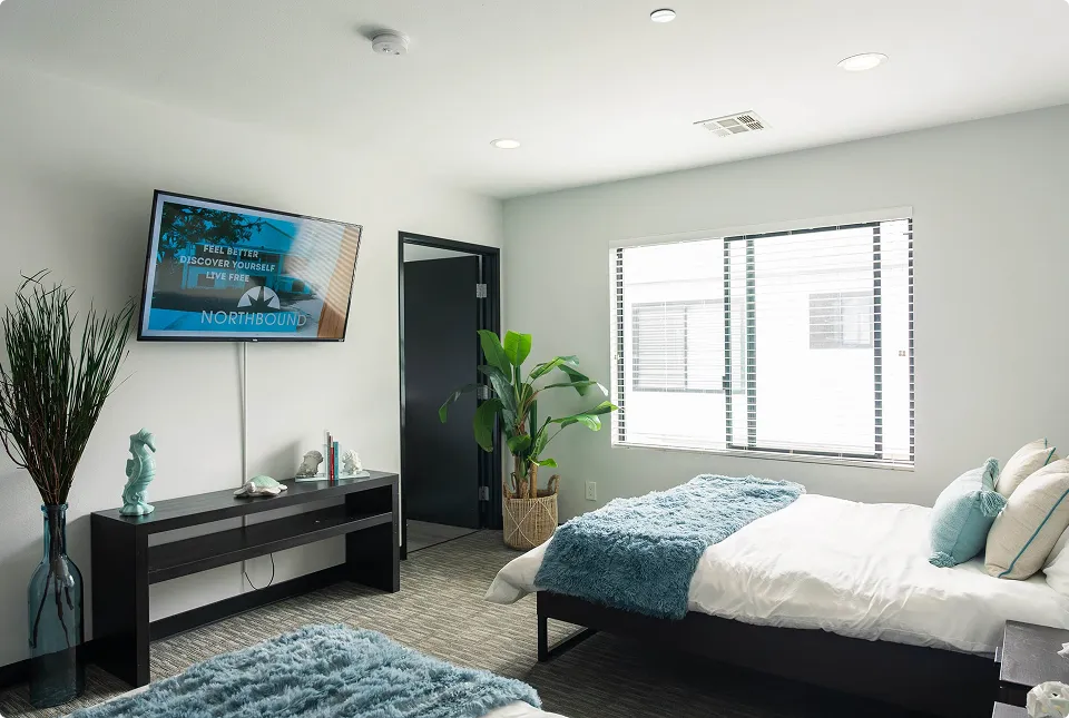 Residential bedroom at Northbound’s Orange County treatment campus at The Grove in Garden Grove