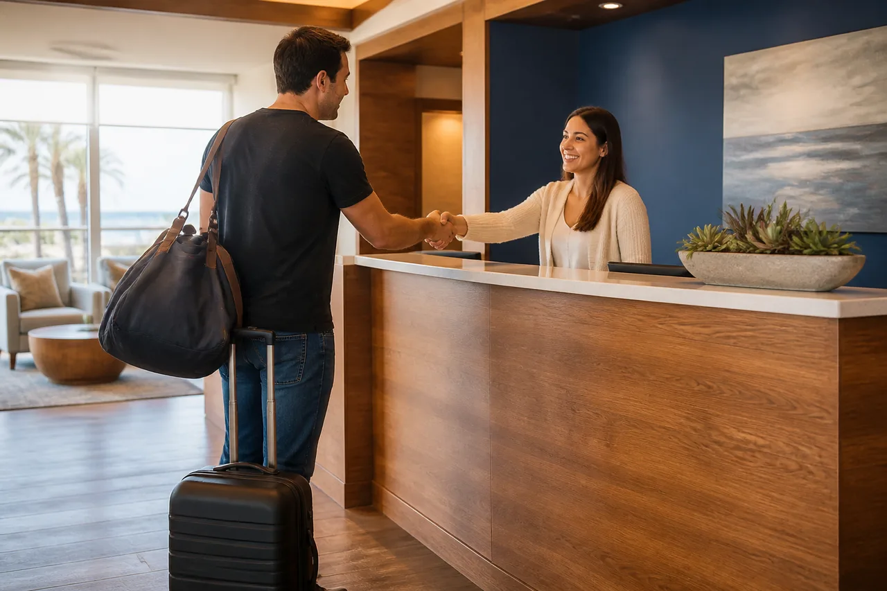 Rolling suitcase beside a warm reception desk as a statewide client arrives to begin California PHP