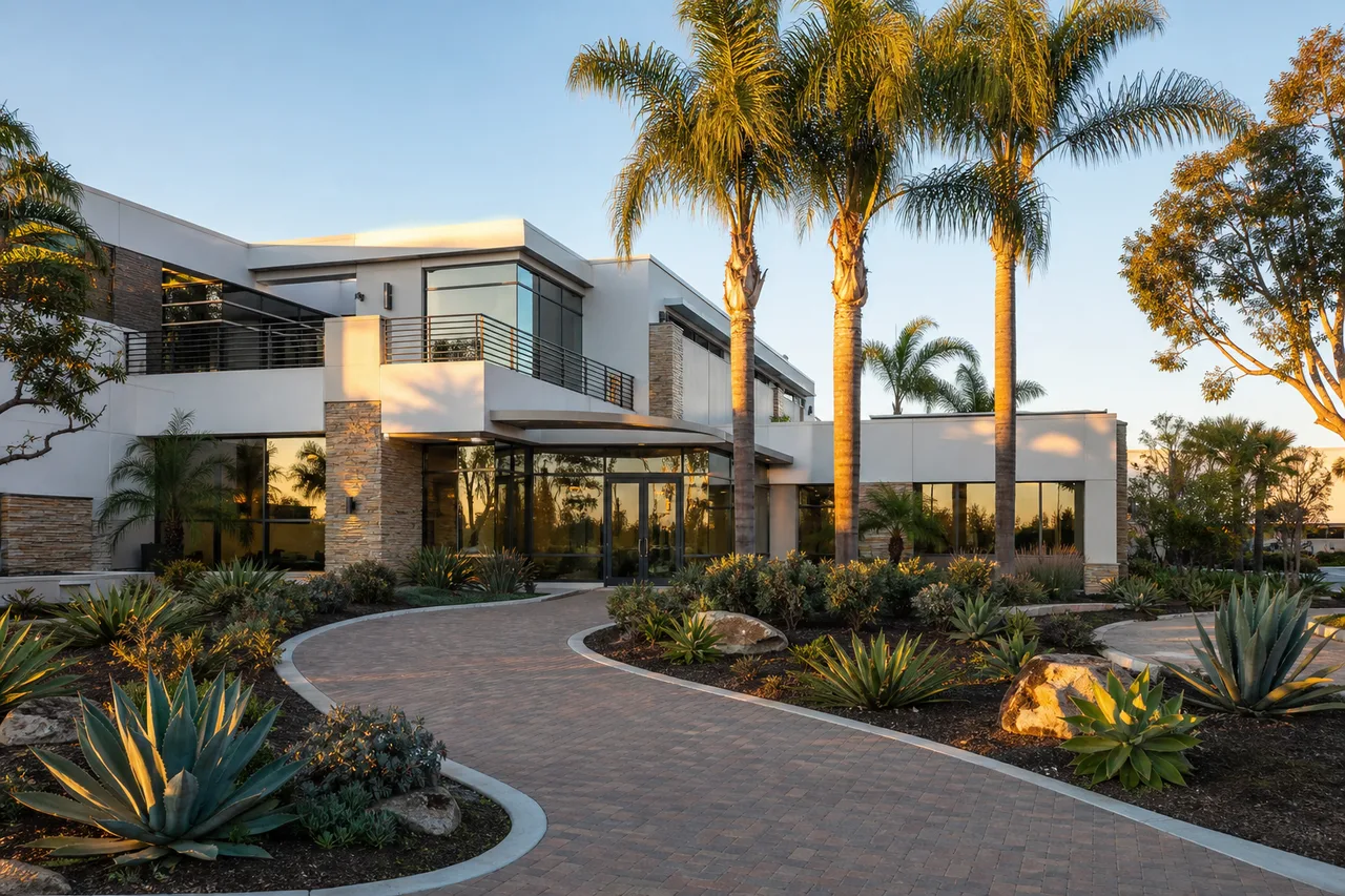 Contemporary two-story Newport Beach outpatient campus exterior with palm plantings at golden hour