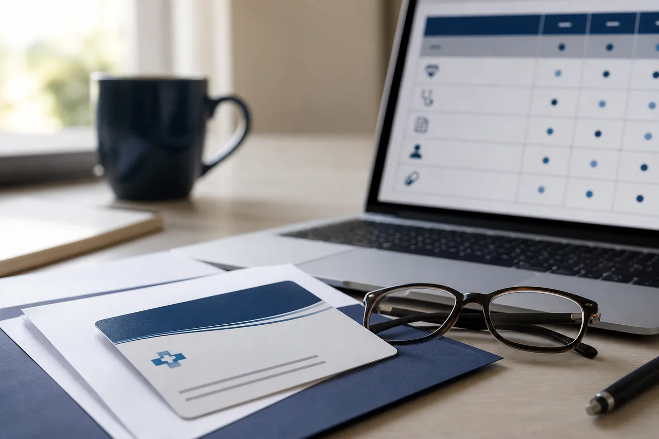 Insurance card and laptop on a desk during a confidential PHP benefits review