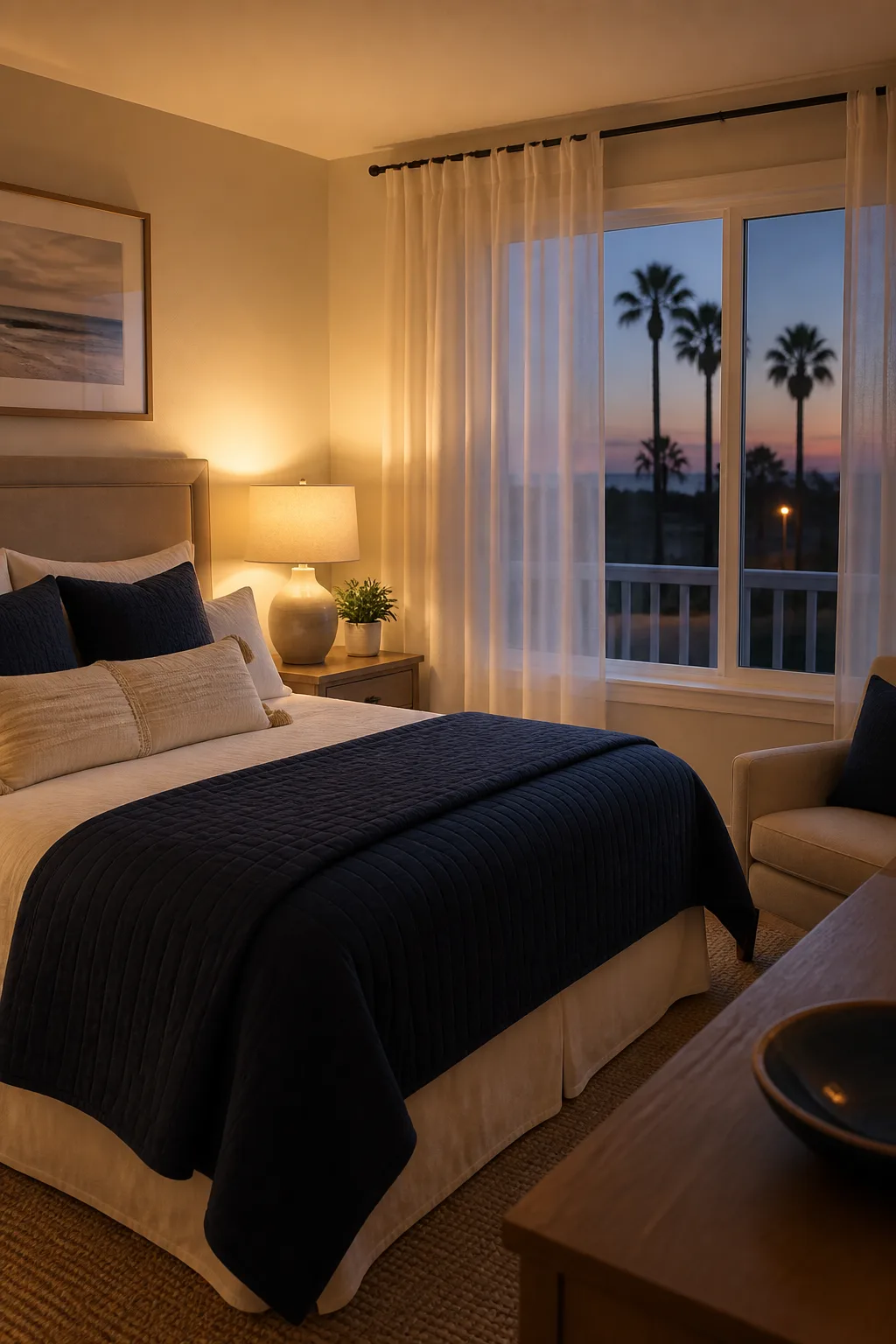 Serene furnished extended-stay bedroom near the California coast at dusk with navy and cream linens