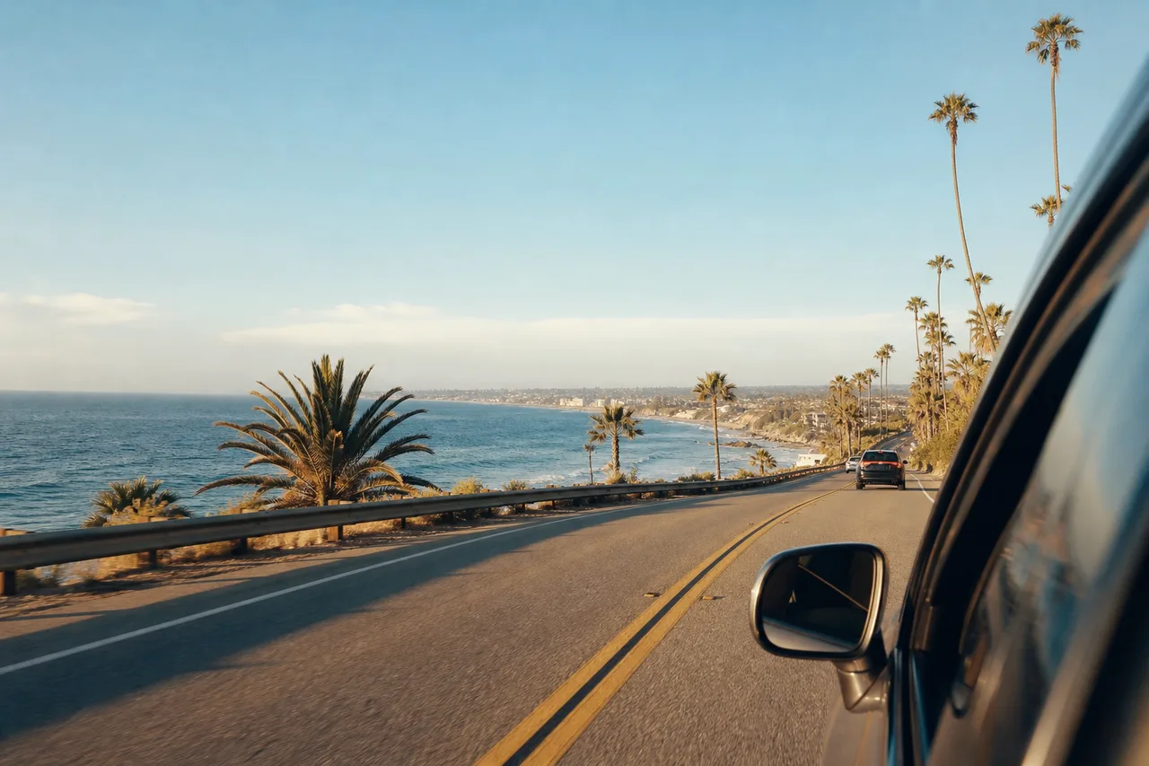 Pacific Coast Highway curving along the ocean toward Newport Beach in golden afternoon light