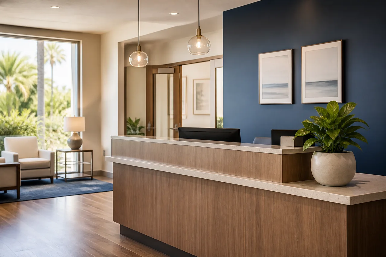 Admissions reception desk for continuing-care planning after California addiction treatment