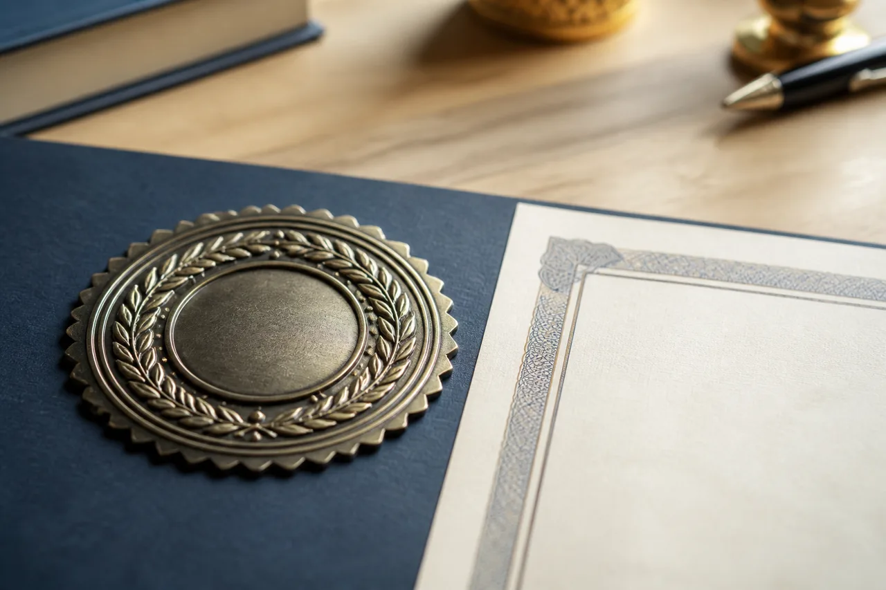 Quality seal and certificate materials representing California sober living certification standards