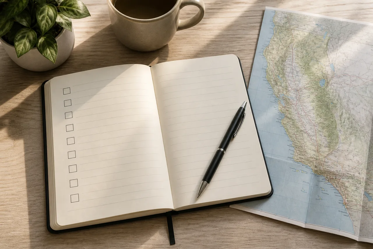 Notebook and California map used while researching independent sober living homes