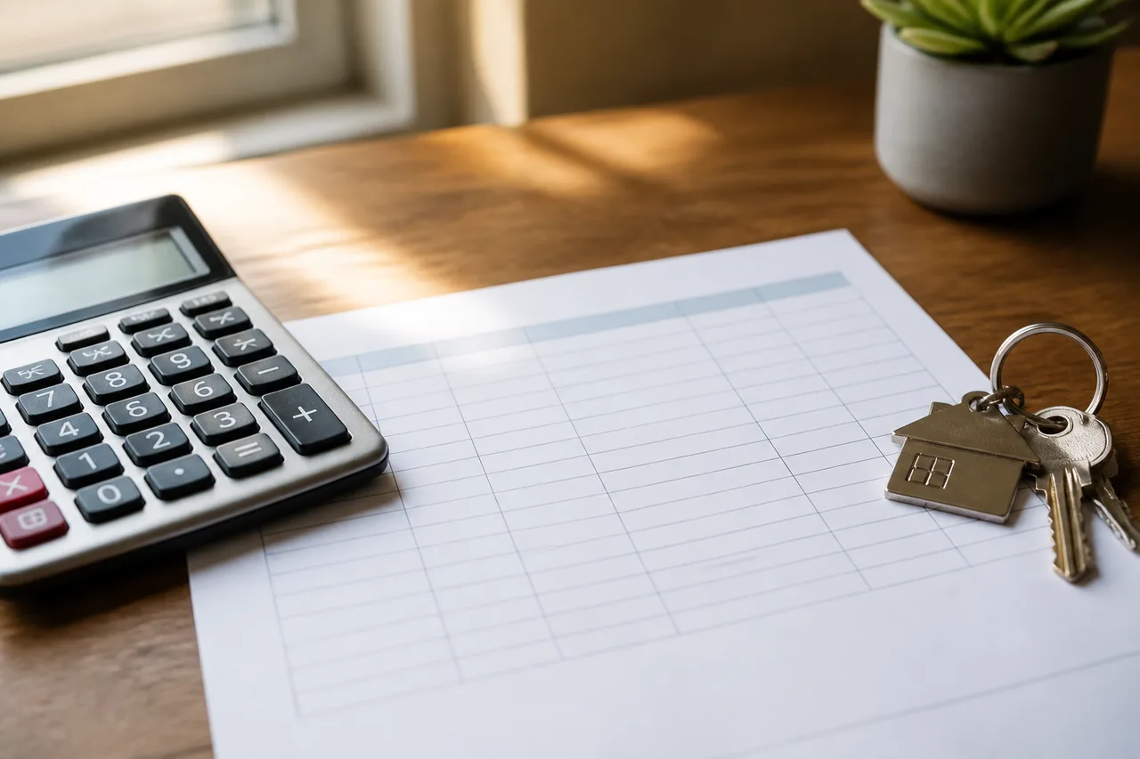 Calculator, budget worksheet, and house keys during a California sober living cost review
