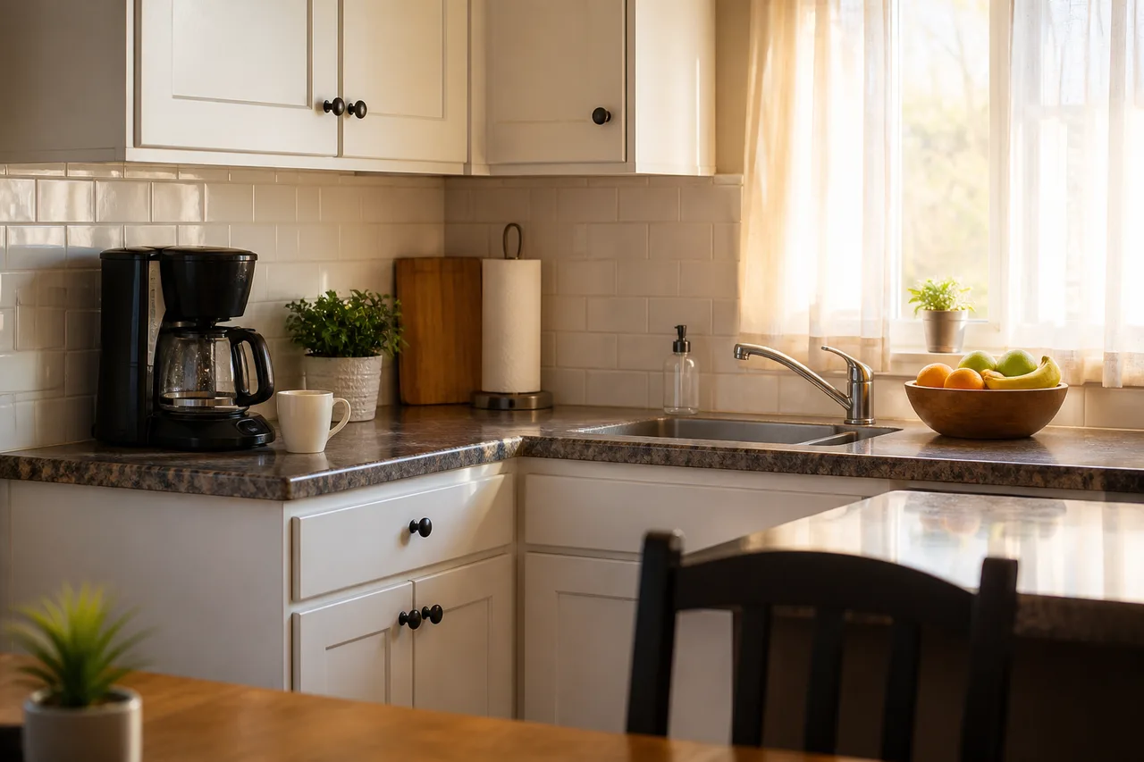 Morning kitchen in a shared recovery home representing daily structure in sober living