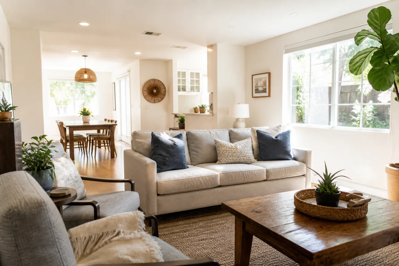 Bright shared living room representing independent California recovery housing after treatment