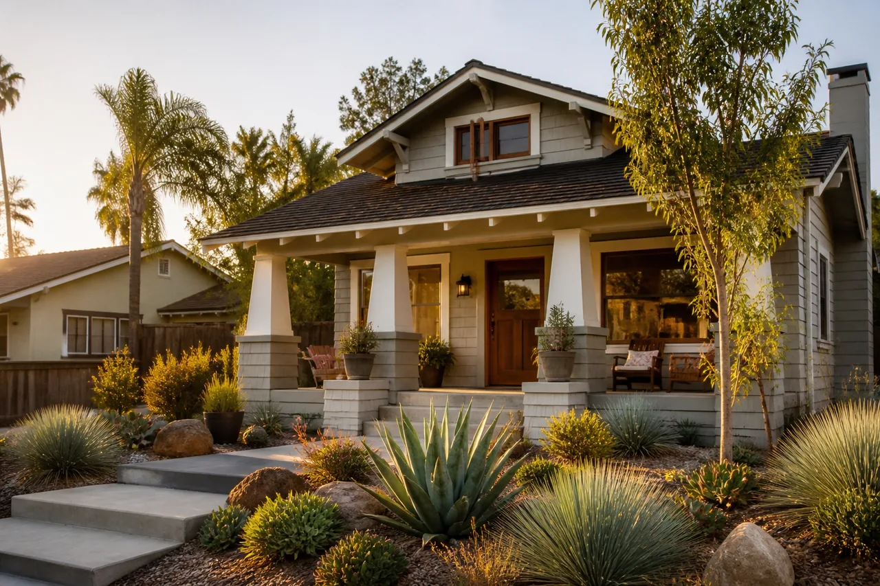 Warm California bungalow exterior representing independent recovery housing after addiction treatment