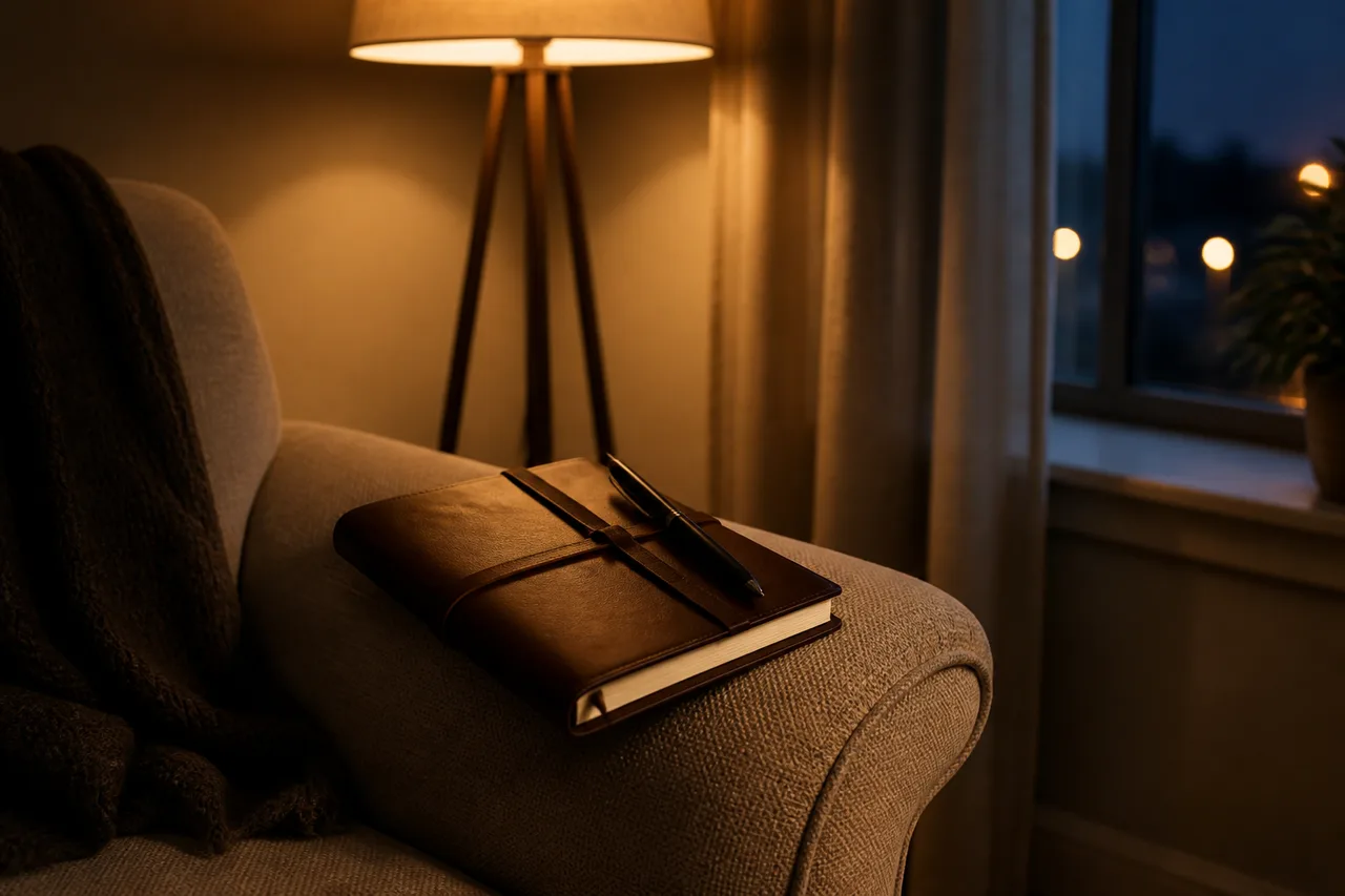 Journal and pen beside a warm lamp while preparing questions about California sober living