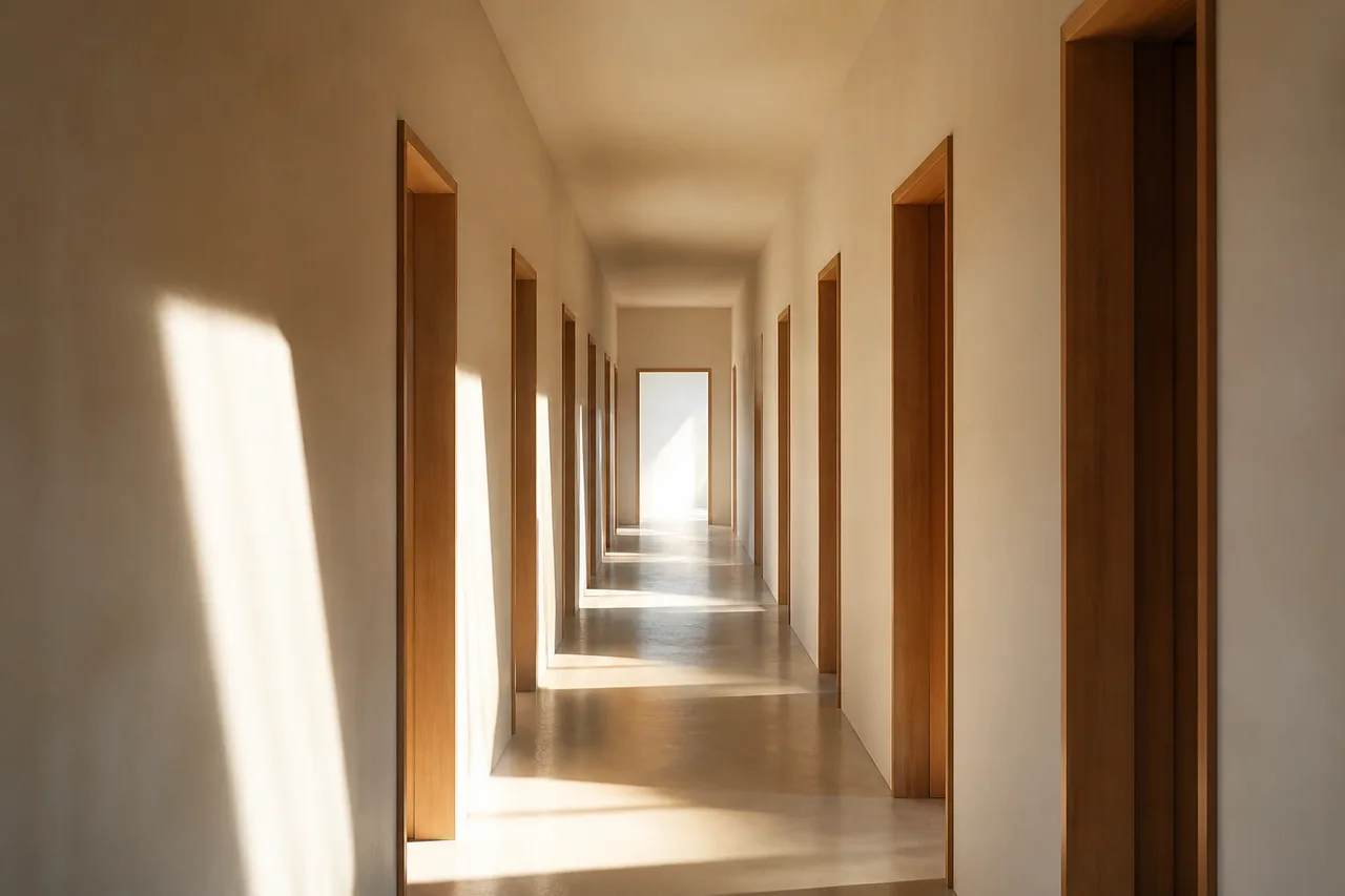 Sunlit hallway suggesting stages of time and progress during a sober living stay