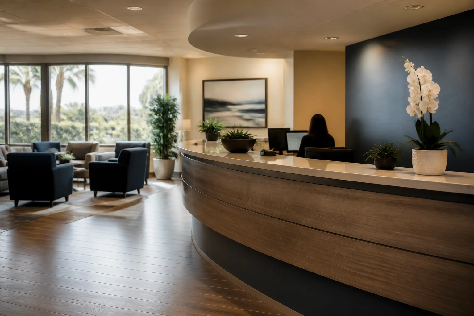 Admissions reception desk welcoming a client to begin PHP treatment in Newport Beach