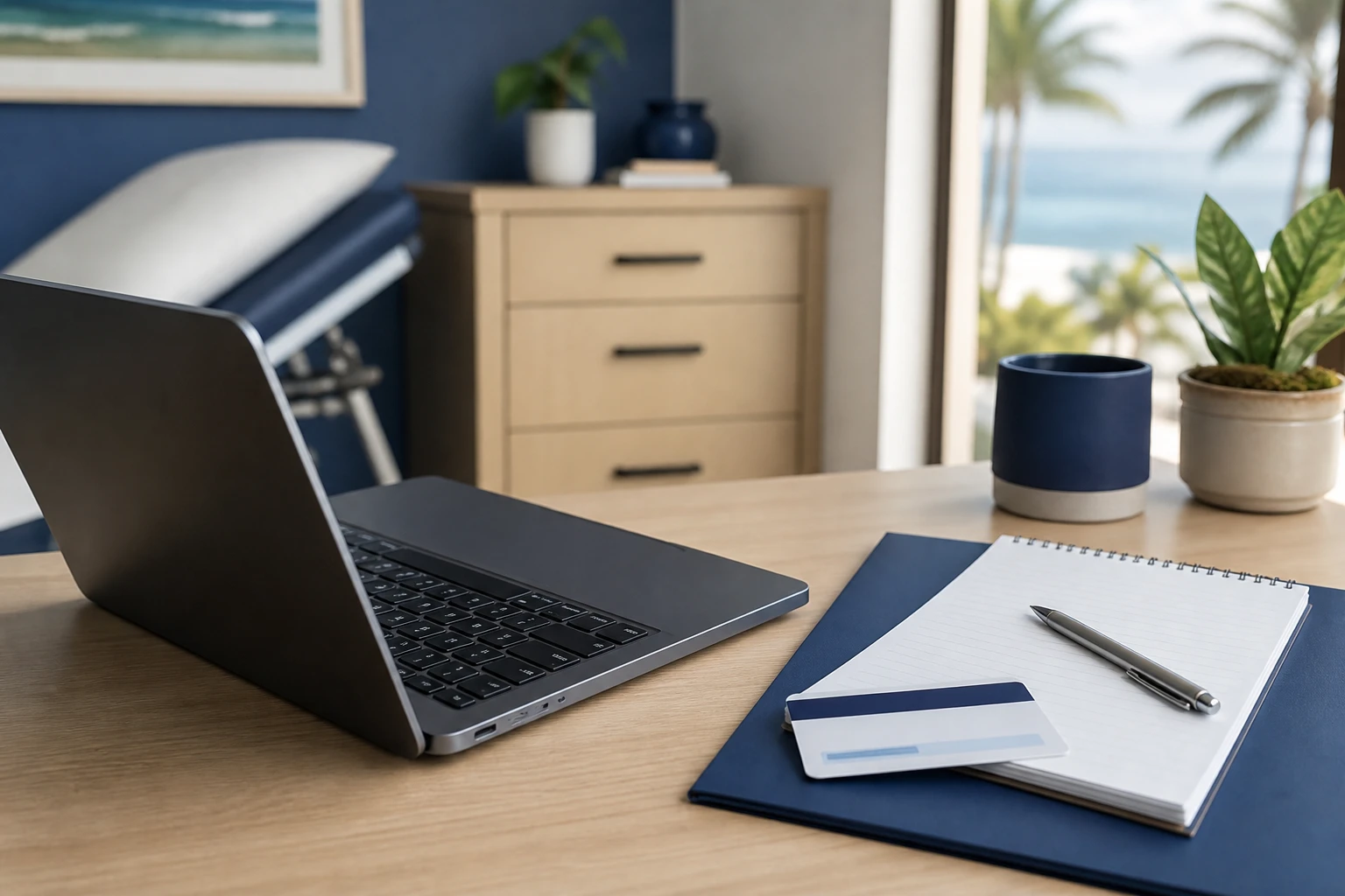Insurance card and benefits paperwork on a desk during a confidential PHP cost and coverage review