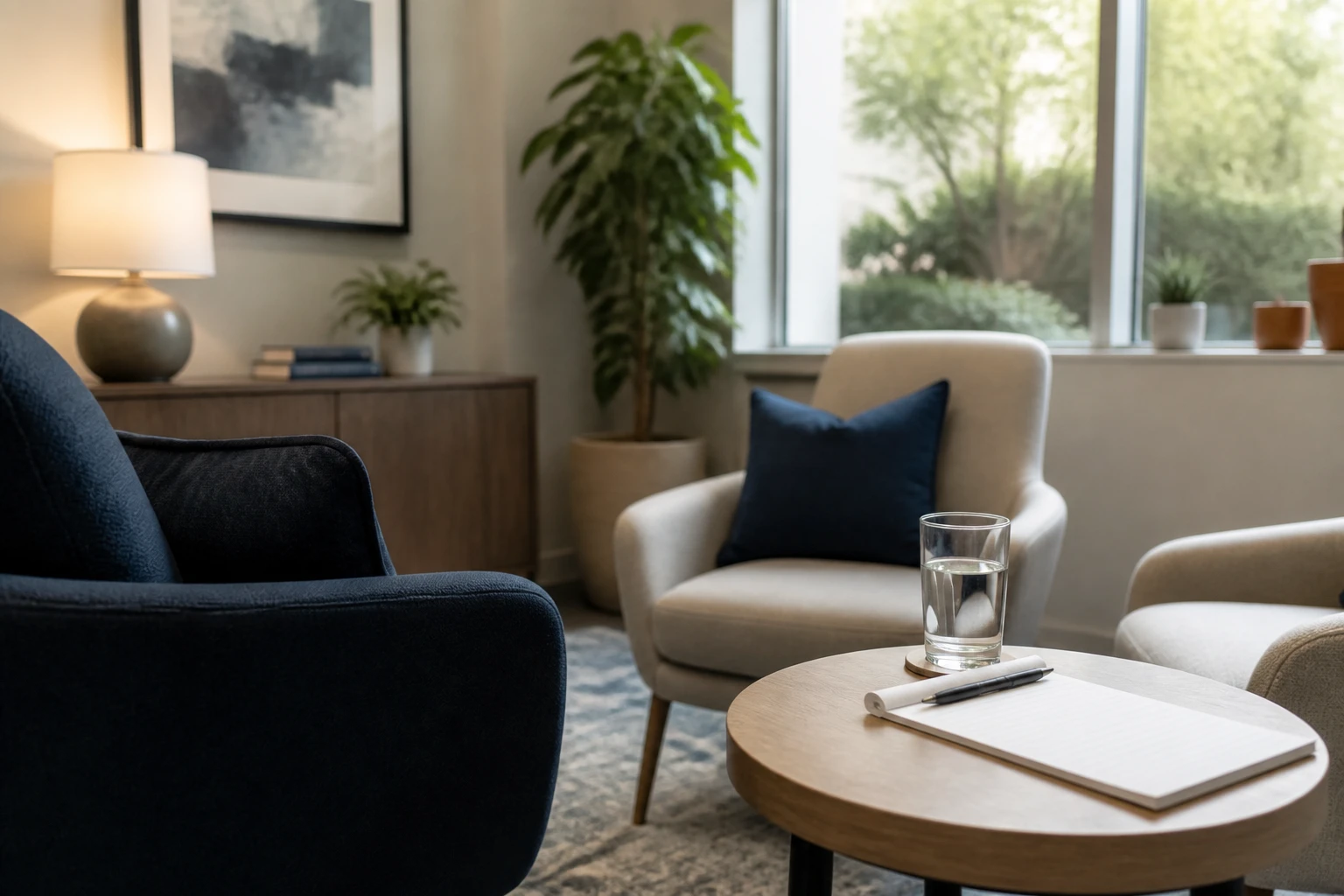 Calm clinical consultation lounge used when assessing whether partial hospitalization is the right level of care