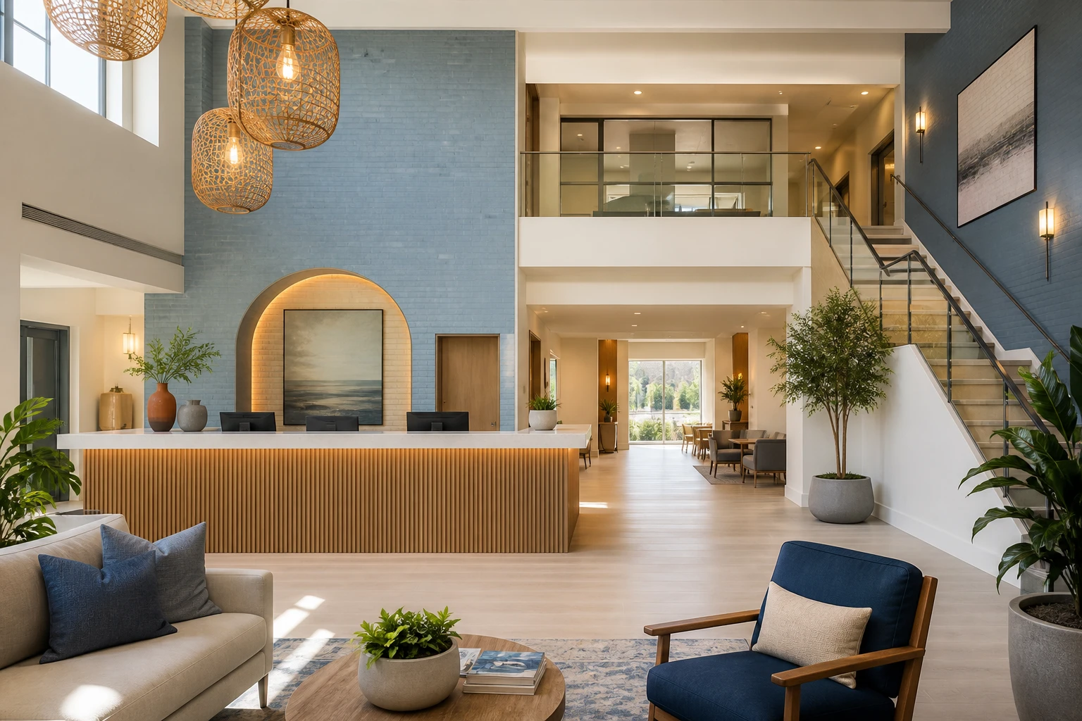 Modern two-story lobby and reception with soft blue walls and staircase at Northbound’s Newport Beach PHP campus