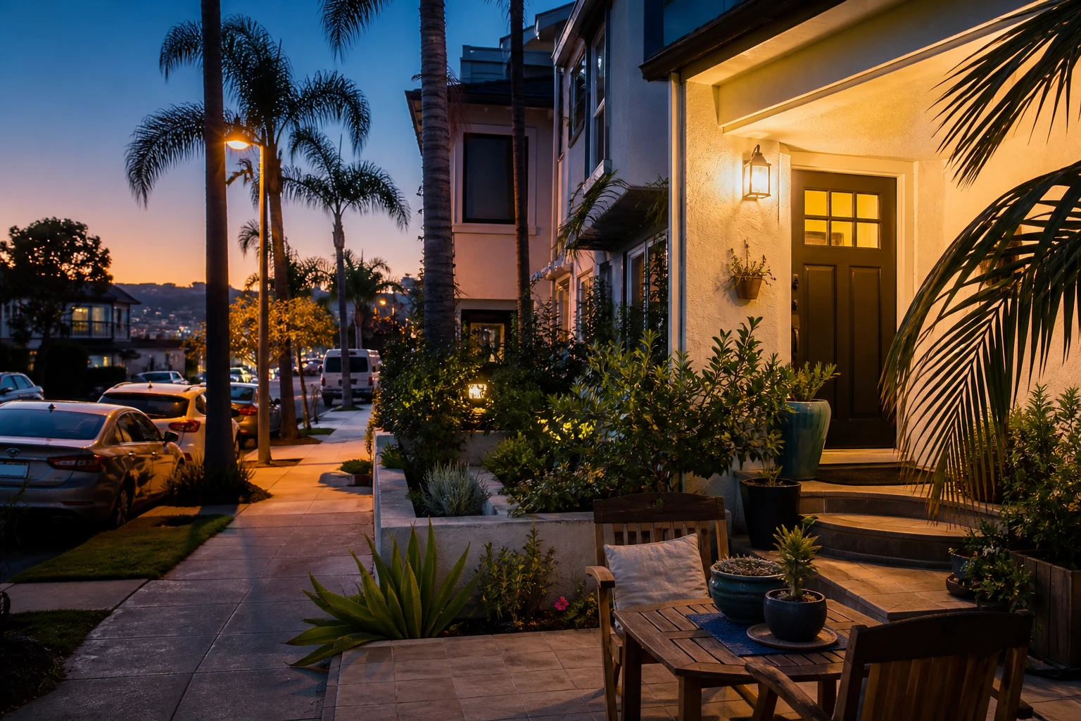 Southern California home at dusk, representing returning to approved housing after daytime PHP