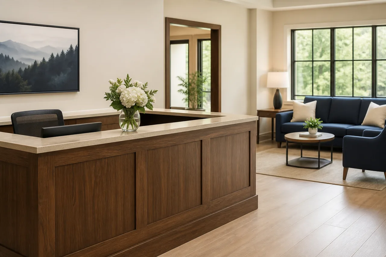 Admissions reception desk welcoming a client to begin residential treatment at The Grove in Garden Grove