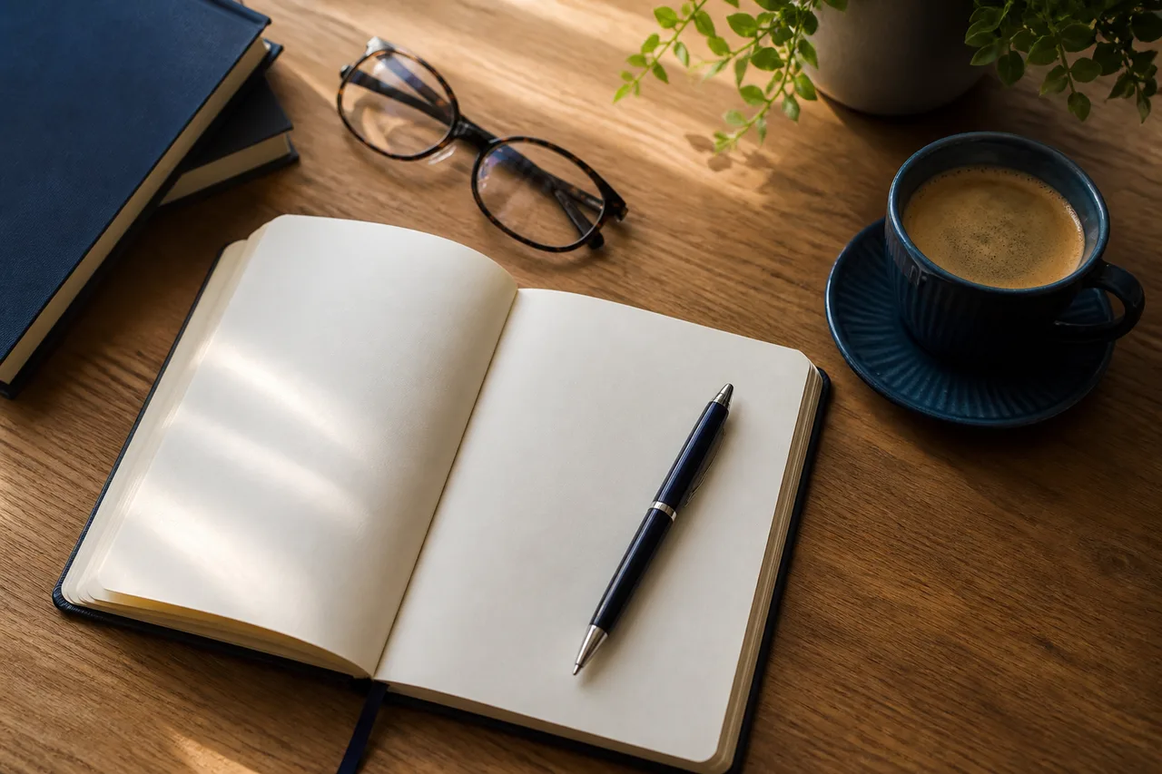 Notebook, pen, and coffee on a wooden desk while researching residential treatment centers in Orange County