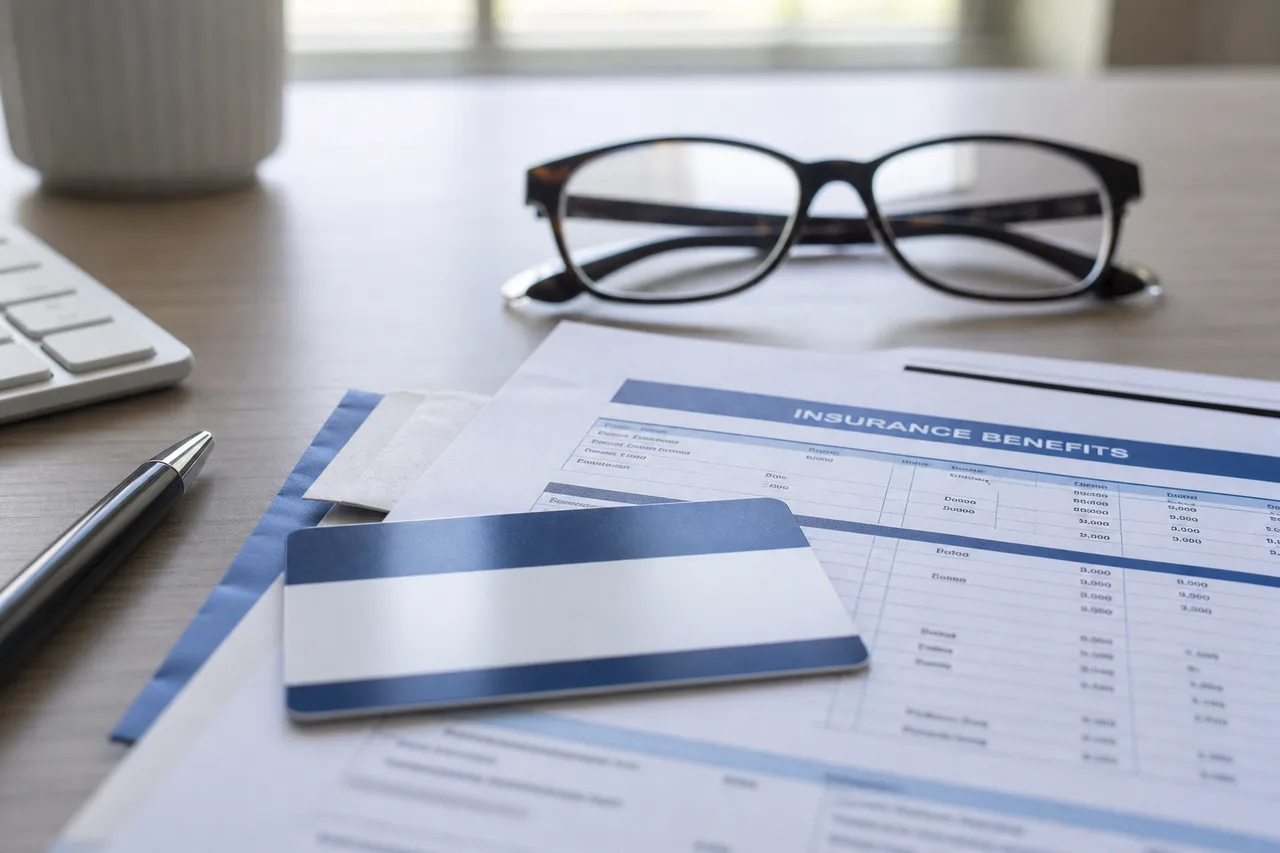 Insurance card and benefits paperwork on a desk during a confidential residential treatment cost and coverage review