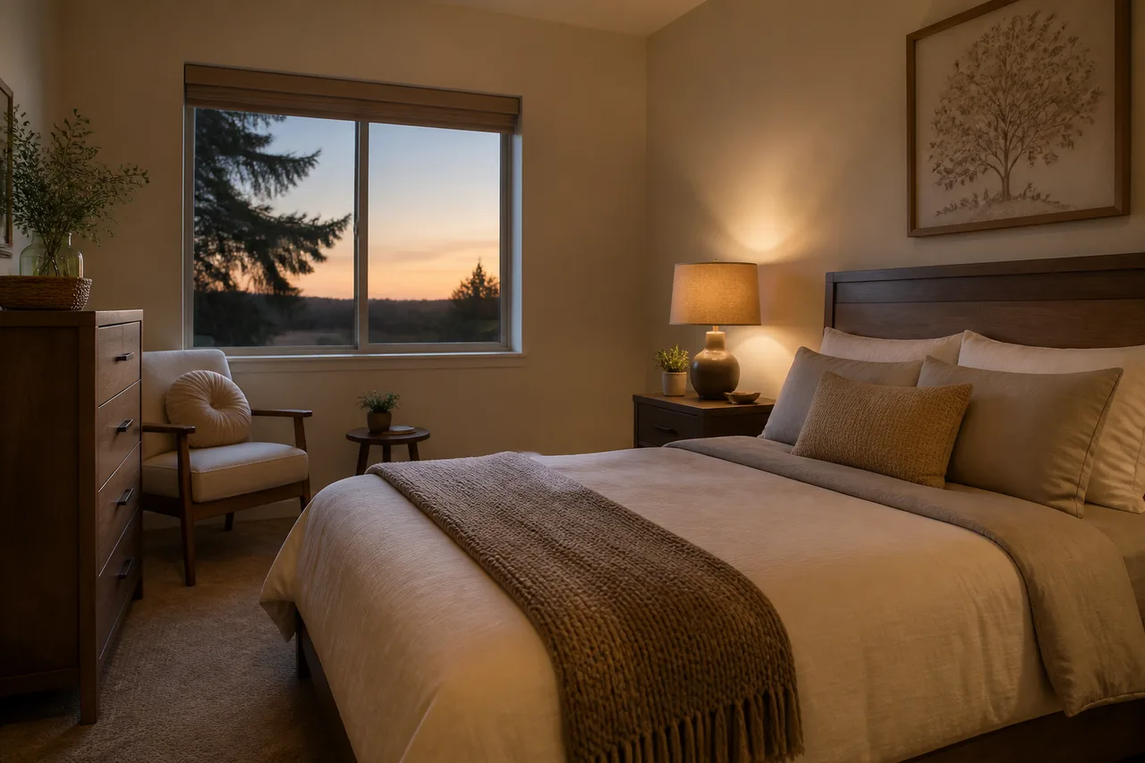 Serene residential bedroom at The Grove in Garden Grove, representing the 30–90 day live-in treatment stay