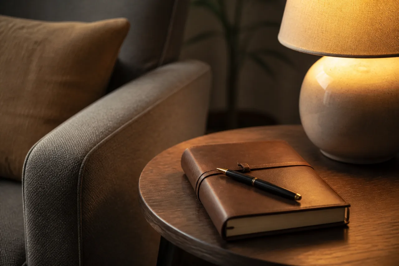 Journal and pen on a side table beside a warm lamp — preparing questions before choosing a residential treatment center
