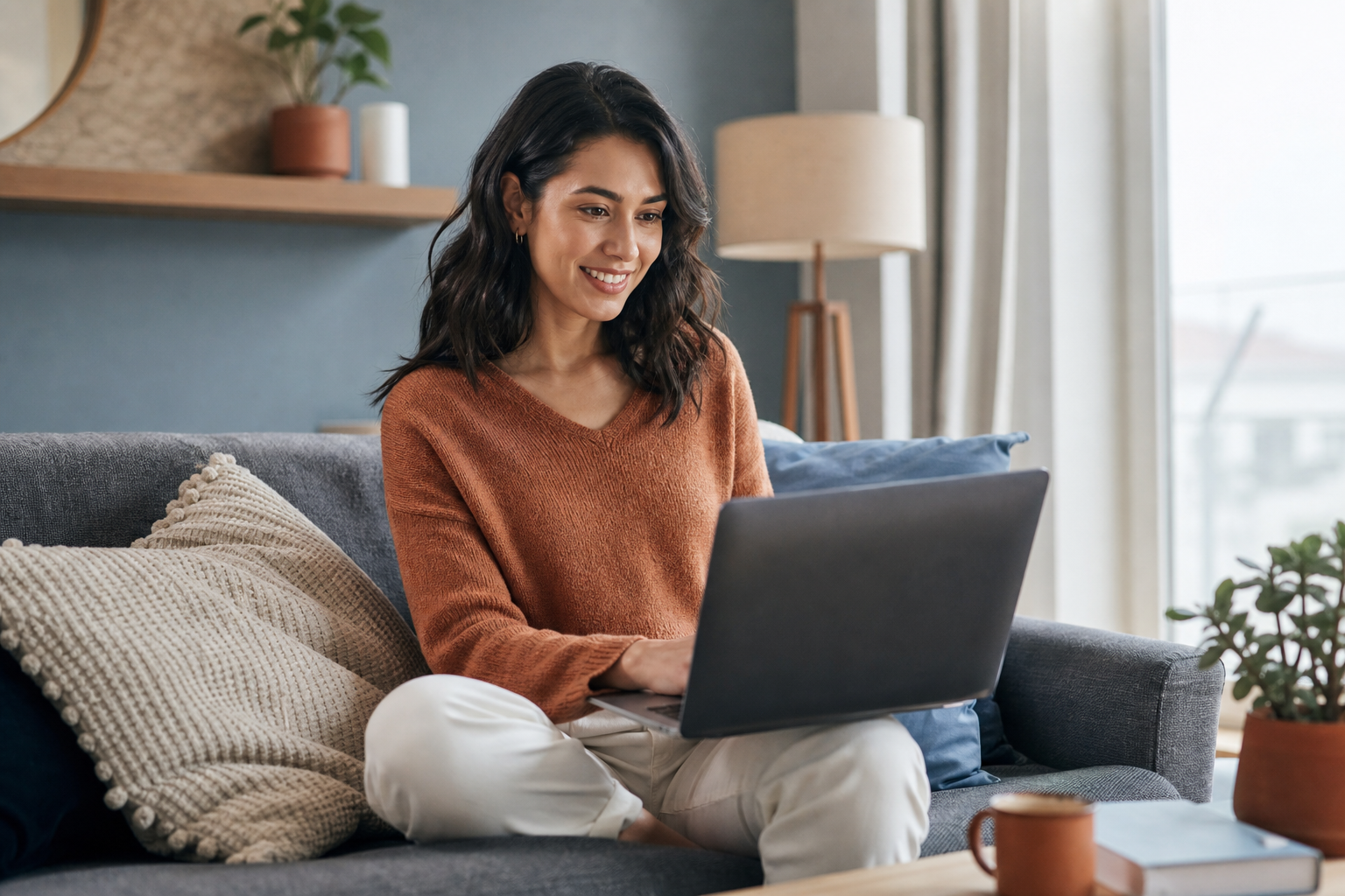 Woman attending a secure virtual outpatient therapy session from home